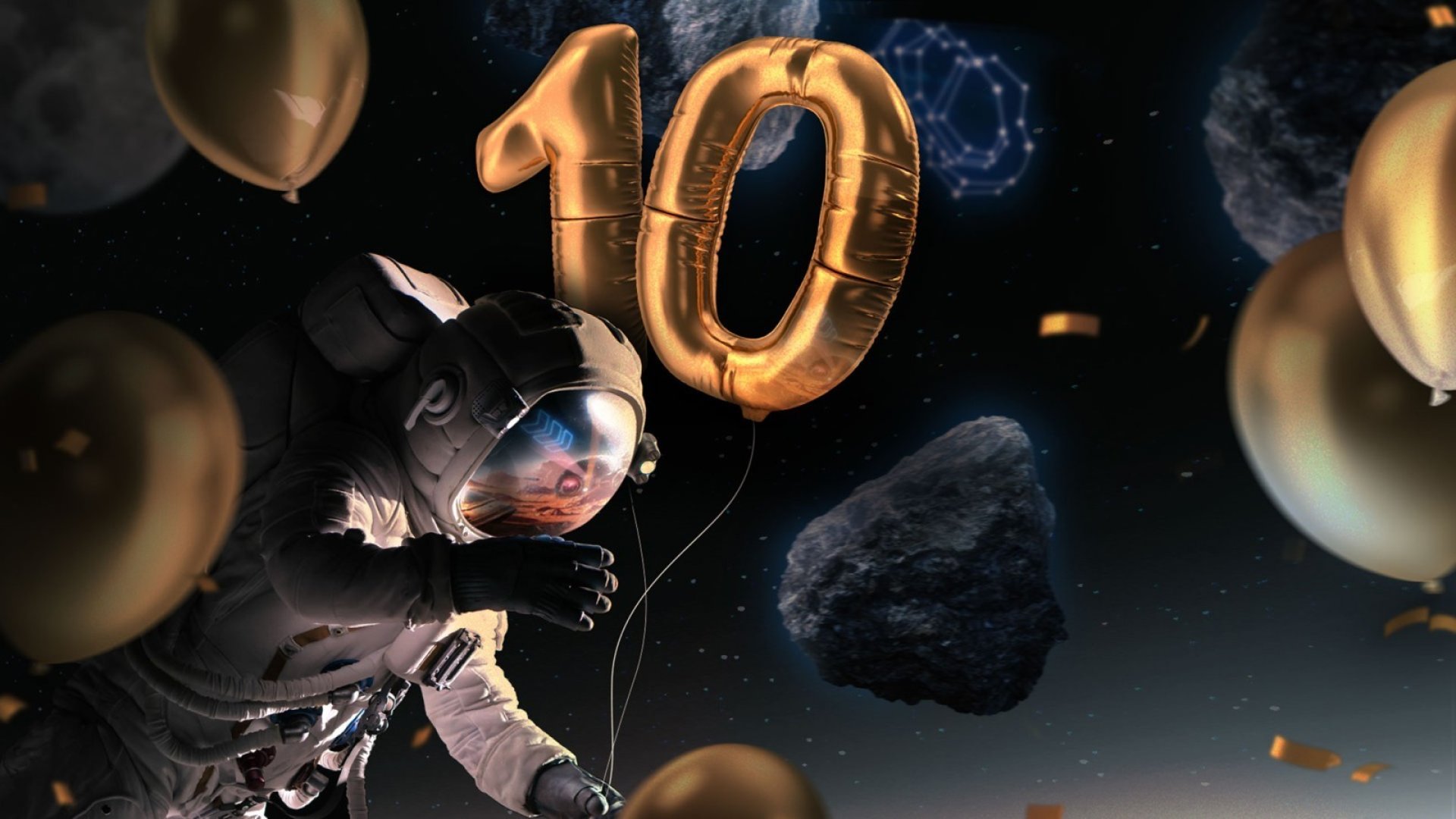 Poster 10 jaar appart, met een astronaut.