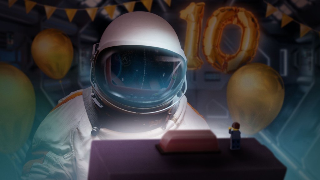 Poster 10 jaar appart, met een astronaut voor een computer