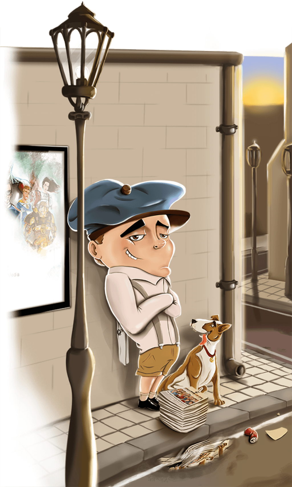 Cartoon karakter leunend tegen een muur op straat.