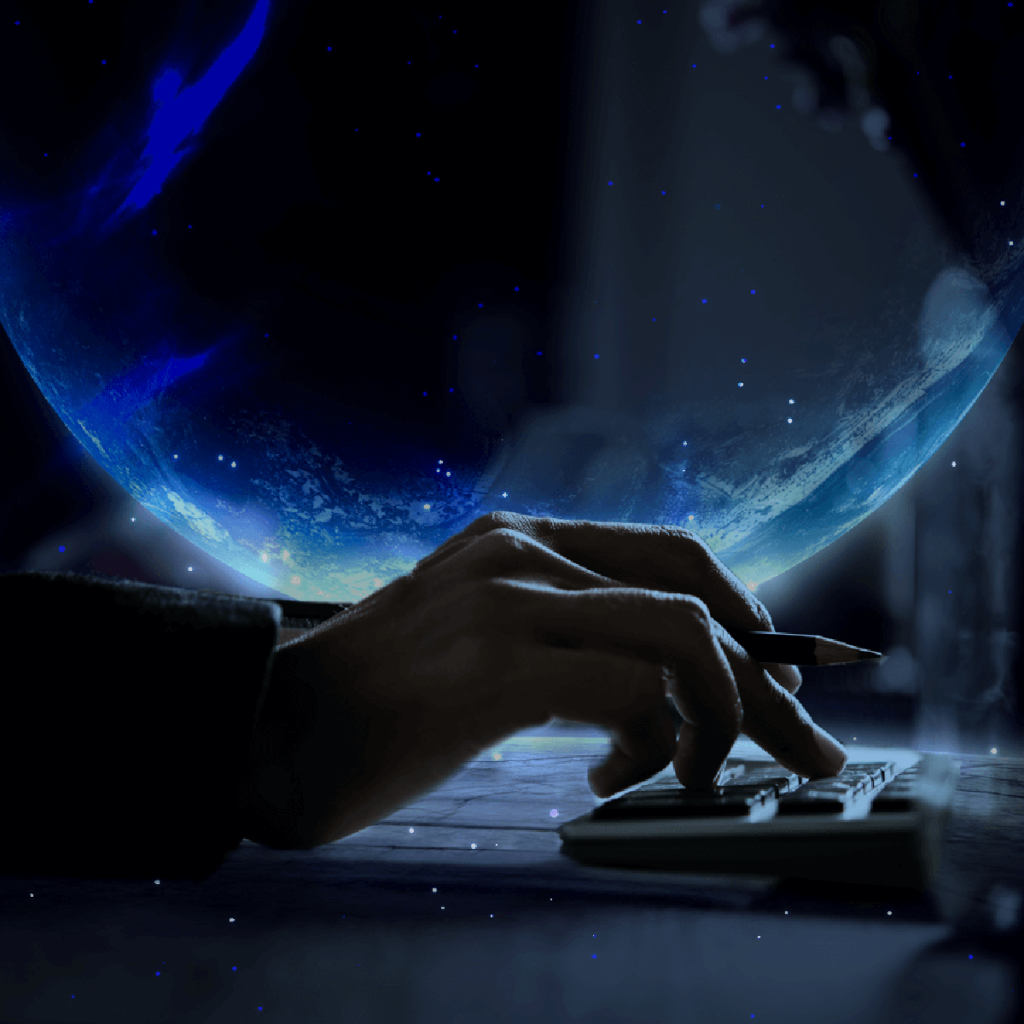 Zijaanzicht van een persoon die aan het typen is voor een planeet.