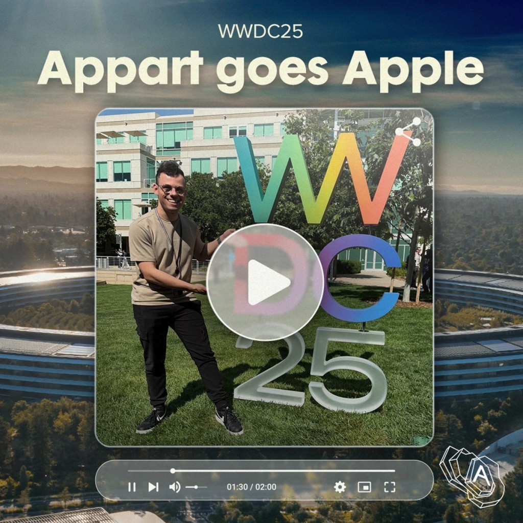 Appart goes Apple, op de achtergrond het Apple Developer Center en daarvoor Jordy Arntz bij het WWDC25 logo.