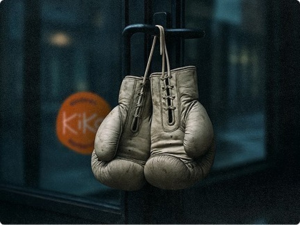 Oude bokshandschoenen hangen aan een deurhendel met het logo van Kika op de achtergrond.