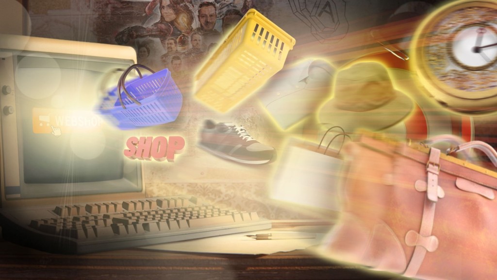 Oude computer met de tekst 'webshop' met verschillende producten uit het scherm gevlogen zoals een klok en een tas.