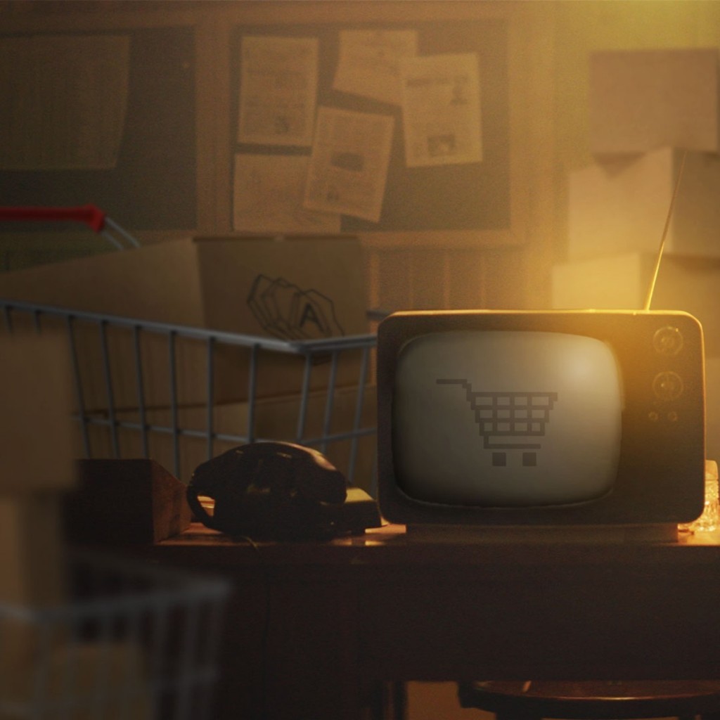 Links twee winkelwagens met pakketjes en daarop het logo van Appart met daar langs een bureau met een oude televisie waar op het scherm een winkelwagen te zien is.