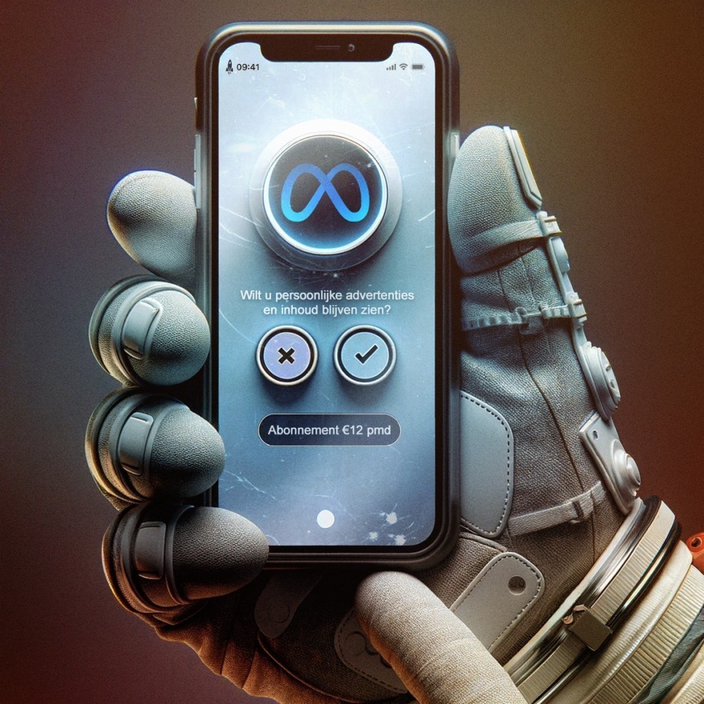 De hand van een astronaut met een telefoon waarop een logo van Meta te zien is en daar onder de vraag 