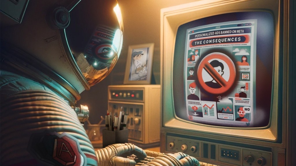 Astronaut die op een oude computer aan het typen is met op het scherm een infographic waarop staat 