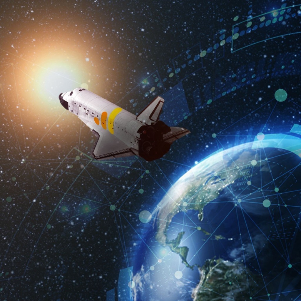 Een ruimteshuttle vliegt door de ruimte weg van de aarde, met de planeet en netwerkachtige lichtlijnen zichtbaar op de achtergrond.