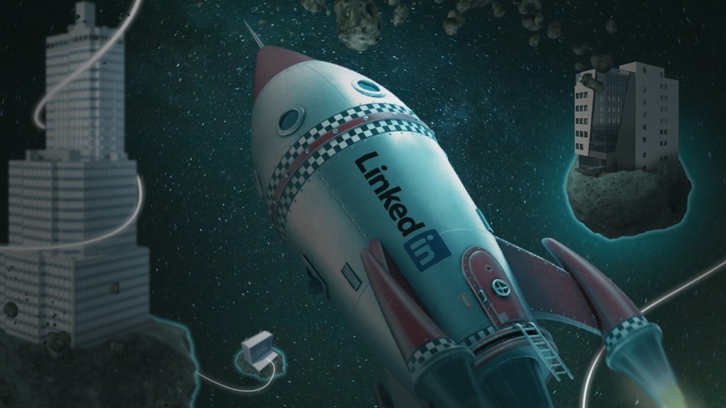 Een raket met een LinkedIn-logo vliegt door de ruimte langs zwevende gebouwen en asteroïden, met een futuristische en surrealistische uitstraling.