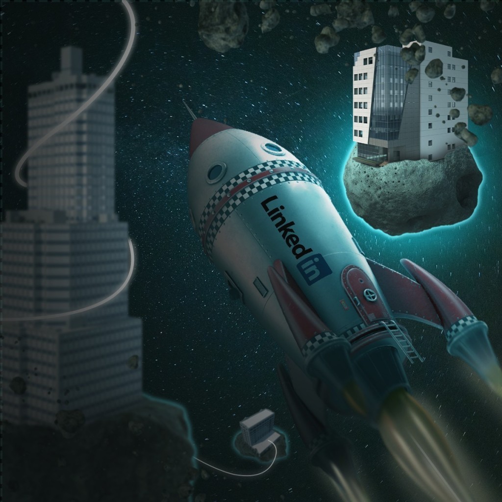 Een raket met een LinkedIn-logo vliegt door de ruimte langs zwevende gebouwen en asteroïden, met een futuristische en surrealistische uitstraling.